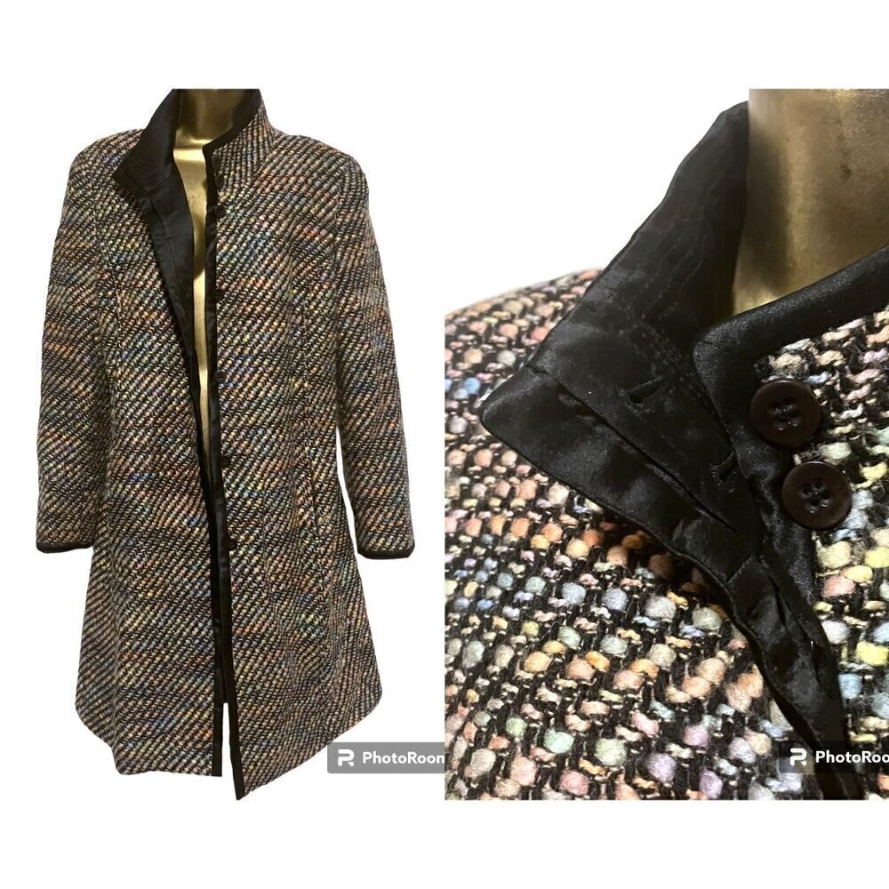 Feraud Tweed Trench Coat 12 Wool Blend Rainbow Cottage Fairy Maximalist Capsule - Picture 2 of 12